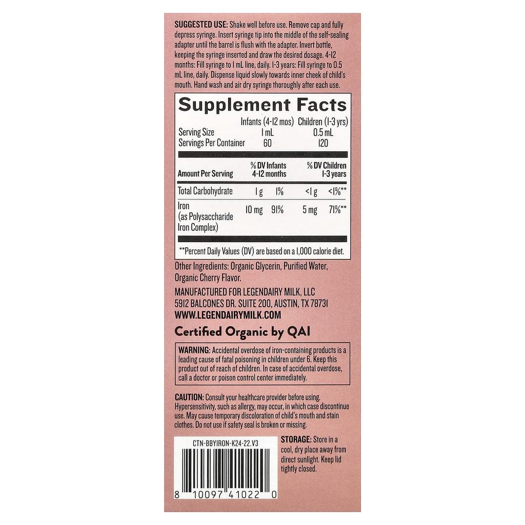 Legendairy Milk Iron Organic Drops, 4+ Months, Yummy Cherry, 60ml (2 Fl Oz)