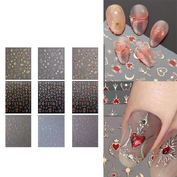 9 Sheets Bronzing Nail Art Stickers Sun Star Heart Nails Stickers Self-Adhesive Manicures Stickers 3D Nails Decals