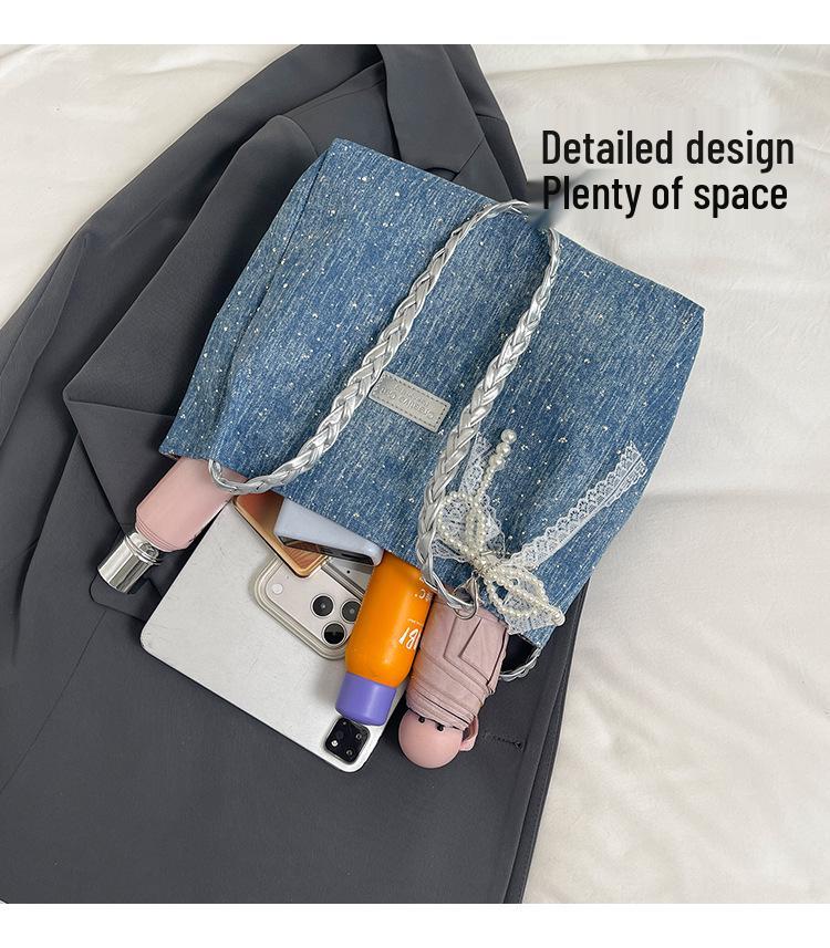 Pearl Bow Diamond Denim Tote: Stylish Summer Shoulder Bag with Large Capacity