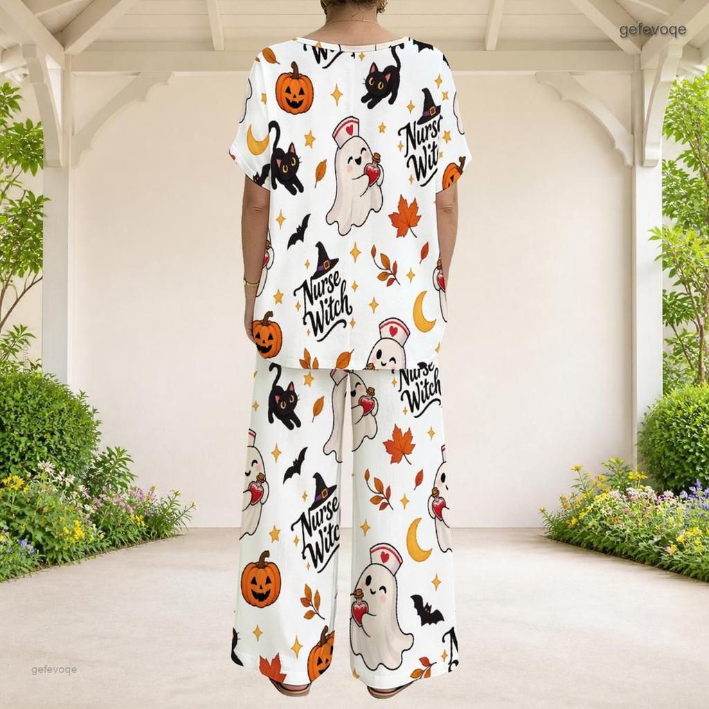 Women Plus Size Halloween Dog Printed Round Neck Short Sleeve Top Wide Leg Pants Two Piece Set