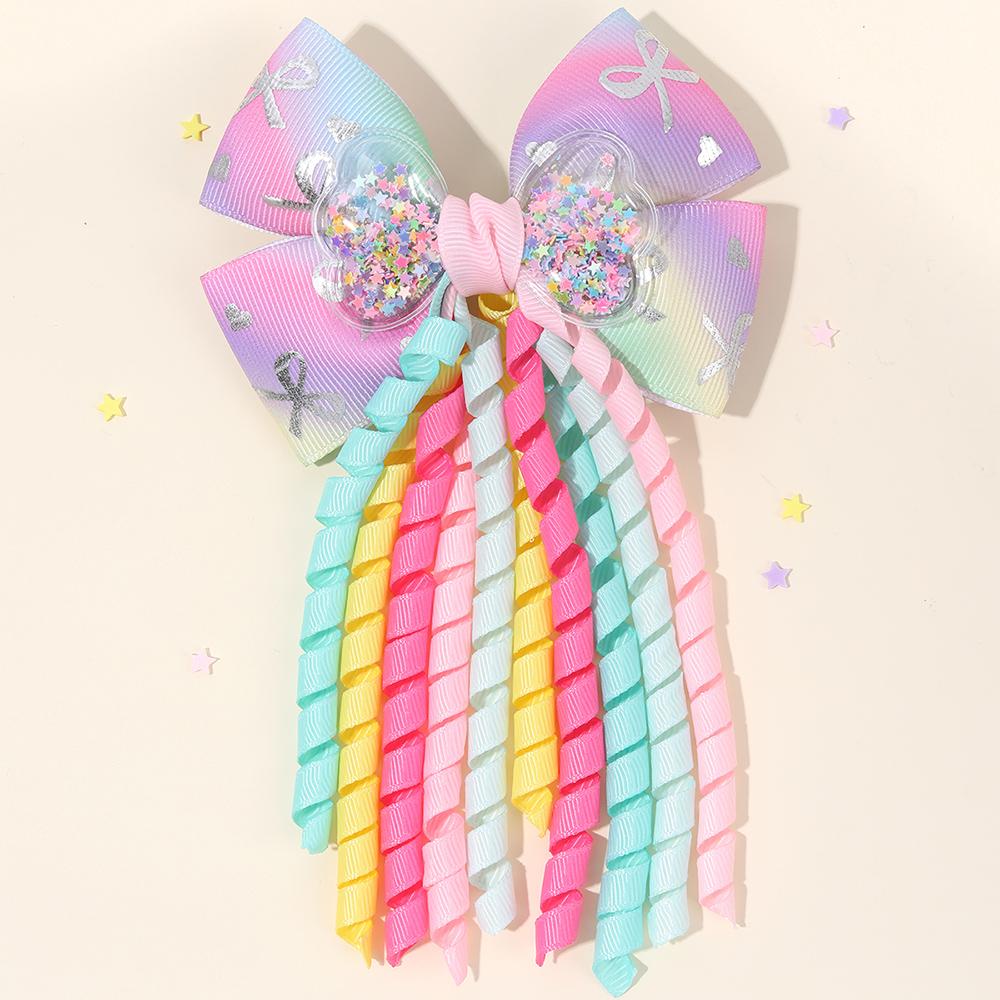2Pcs Ribbon-Tassel Hair Clips Popular Sweet Rainbow Curly Ribbon Double Ponytail Hairpin Baby Girl Hair Accessories For Children