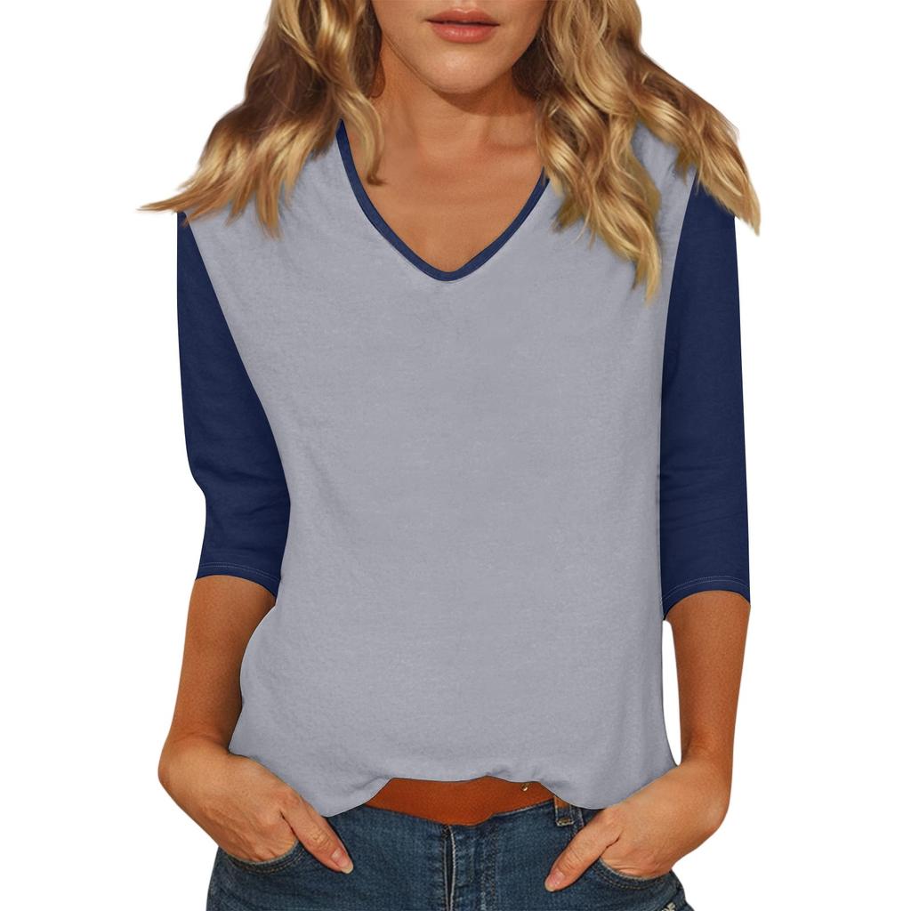 Women's Casual Fashion Sexy Comfortable V-neck Stitching Color Three-quarter Sleeve Top
