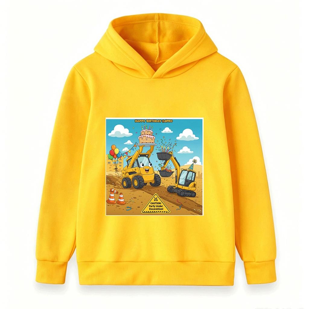 Kids Happy Birthday Construction Truck Hoodie Cartoon Excavator Skid Steer Print Pullover for Boys Girls Casual Party Sweatshirt