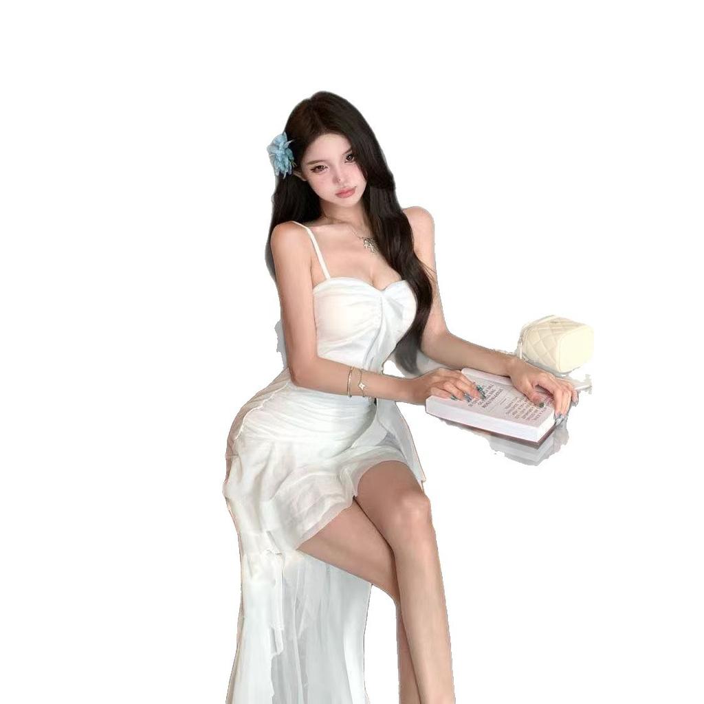 French Beautiful White Suspender Dress Women's Summer Slim Waist Trailing Skirt Gentle and Thin Super Fairy Dress