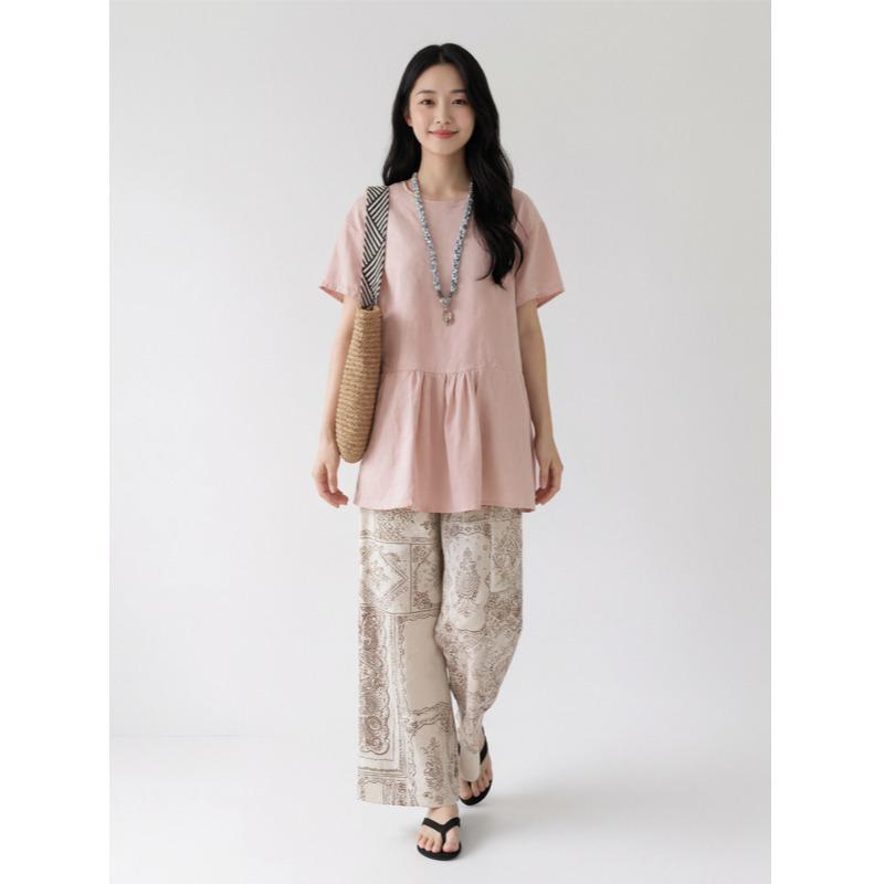 Reverie Retro 100% Linen Cashew Flower Print Wide-Leg Pants - Lightweight & Comfortable Large