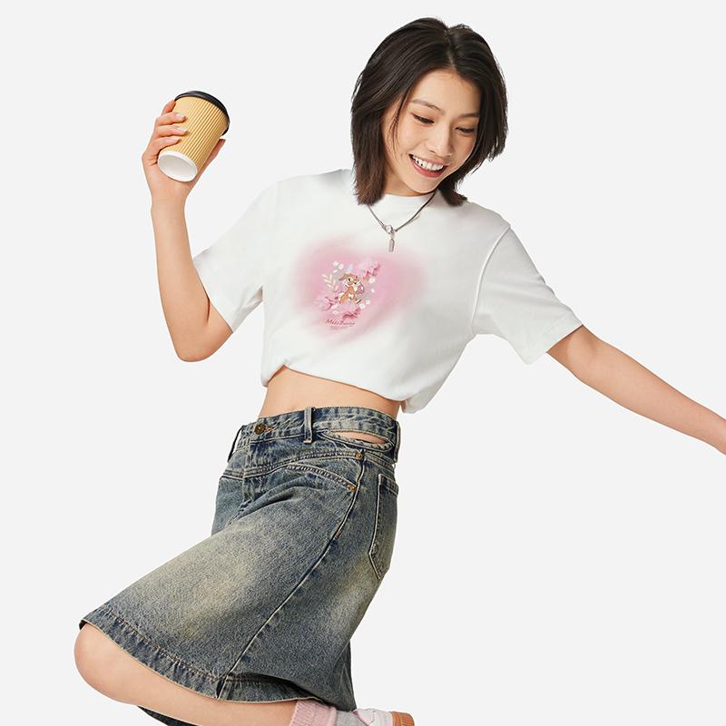 Li Ning Disney Collaboration Cartoon Anime Letter Round Neck Pullover Short Sleeve T-Shirt Women T-Shirt Off-White AHSU770-1