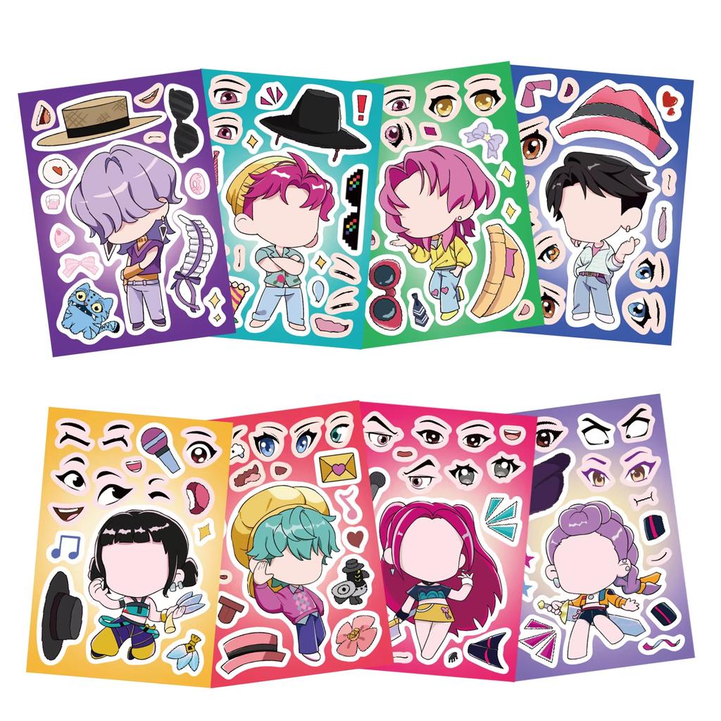 8Sheets DIY Puzzle Sticker Games K-POP DEMON HUNTERS Make A Face Funny Assemble Jigsaw Stickers Kids Educational Toys