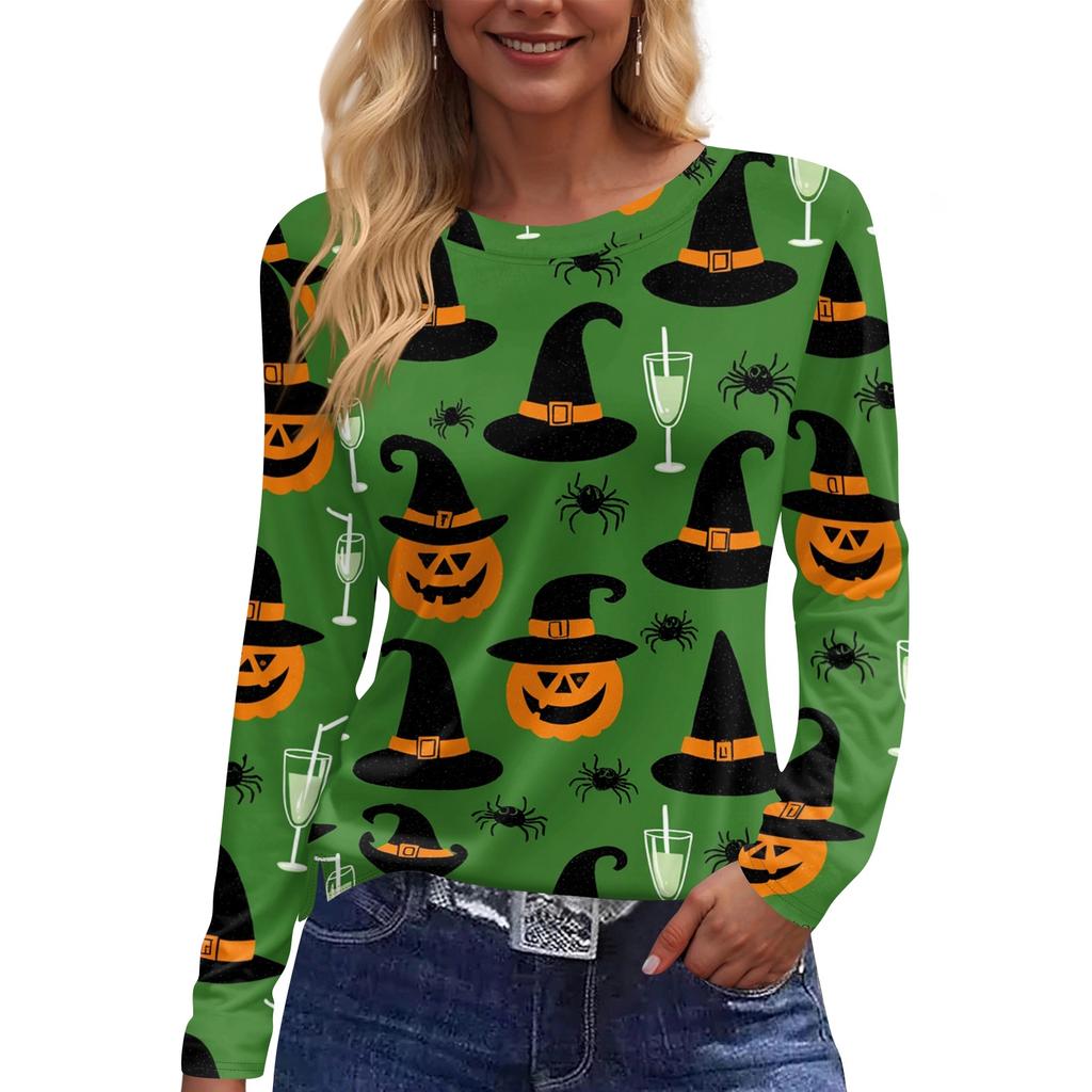 Women Fashion Long Sleeve Crew Neck Top Halloween Print Split Hem Casual Blouse Lightweight Comfortable Fit
