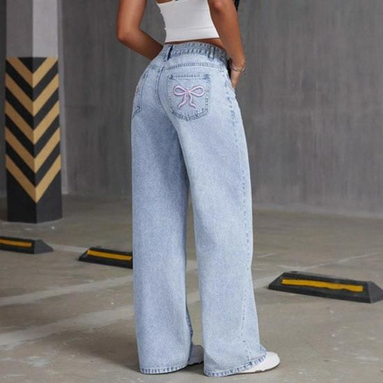 High Waist Bowknot Embroidered Jeans - Women's Sweet & Spicy Style, Straight Leg, Loose & Casual.