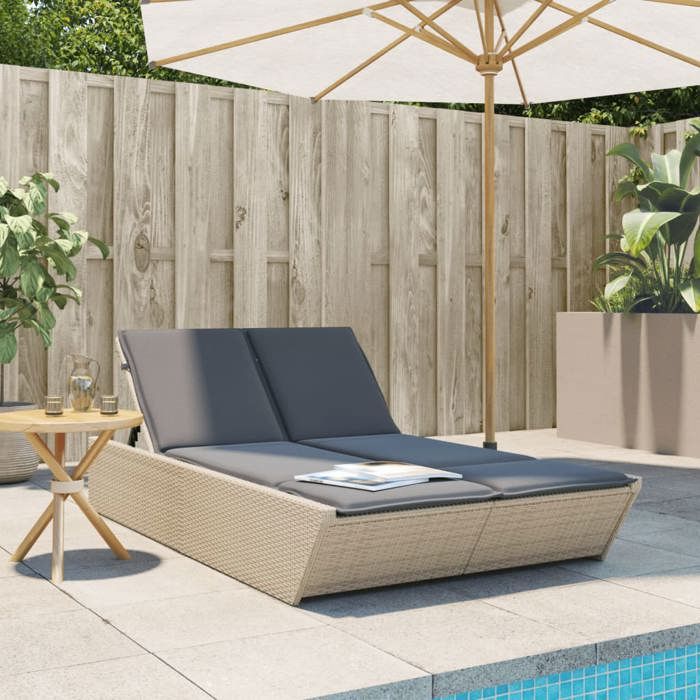 VidaXL Chaise longue double avec coussins beige résine tressée, lit de bronzage, chaise longue inclinable, lit de jour 368182