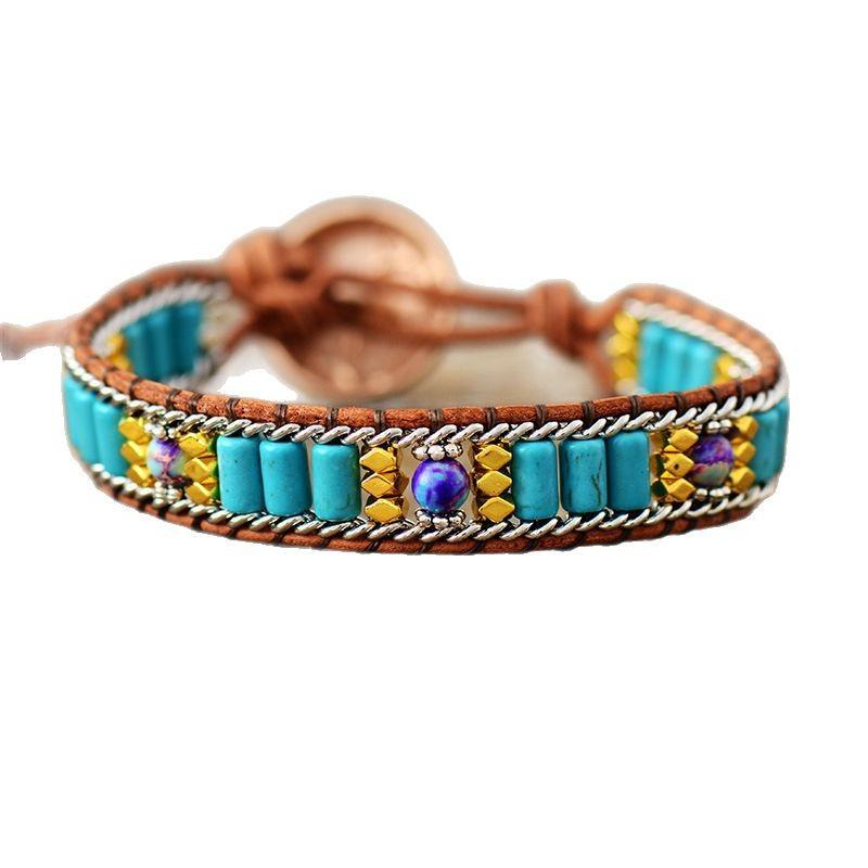Bohemian Turquoise Bracelet, Handcrafted with Woven Leather Cord, a Cultural and Travel-themed Friendship Accessory.