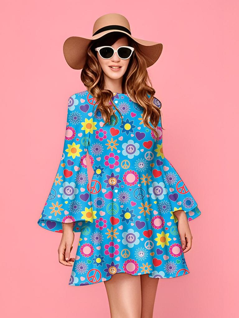 Retro 1970s Hippie Disco Print Women's Dress