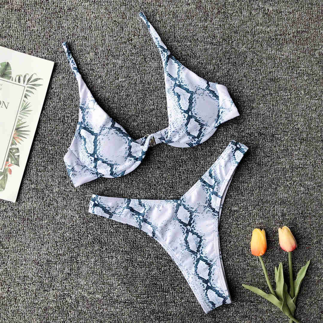 

Модний леопардовий зміїний бікіні V-Bar на кісточках Жіночі купальні костюми Жіночий купальник Комплект бікіні Купальний костюм для купання M білий