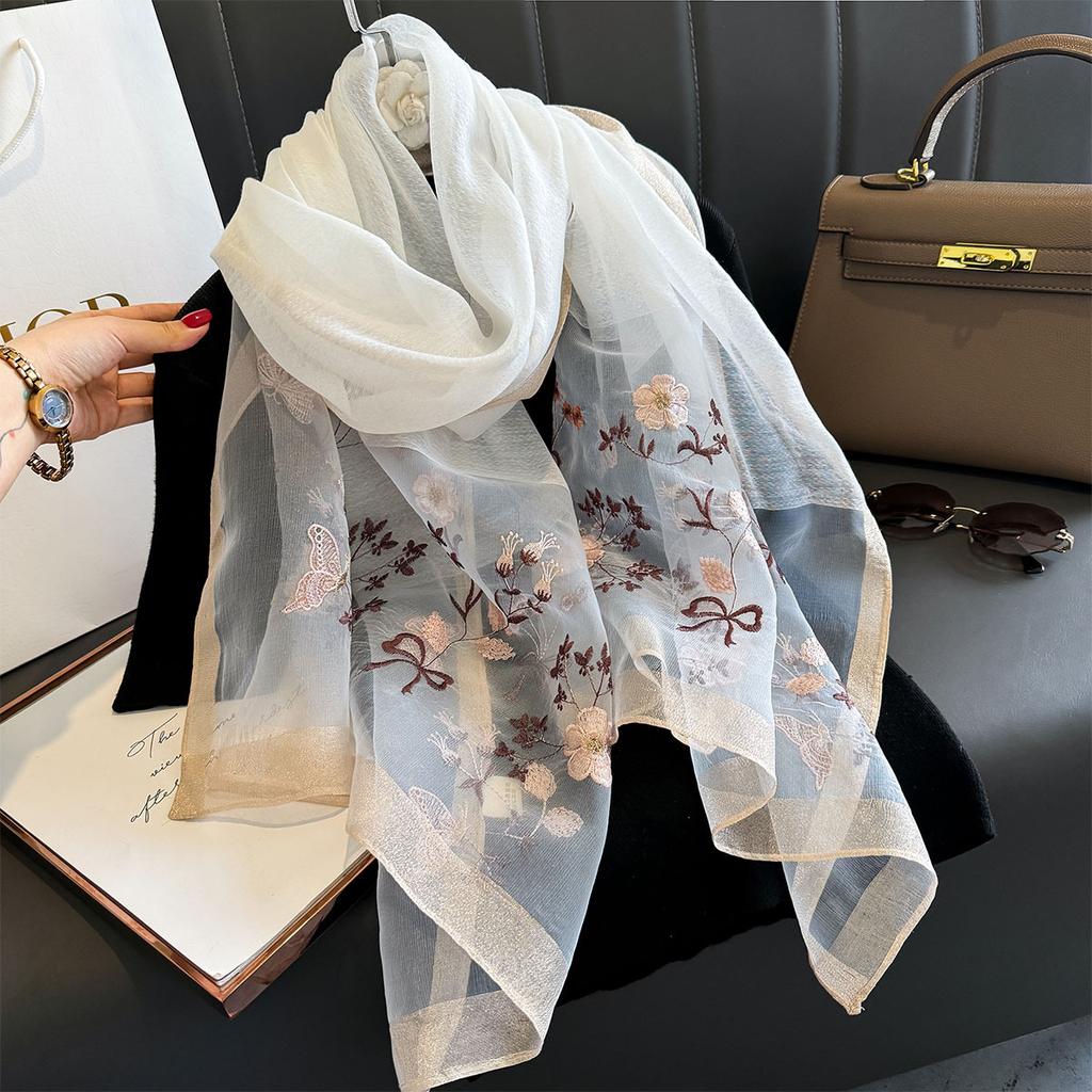 Luxury Silk Shawl Scarf For Women Design Embroidery Flowers Hijab Wraps Bufandas Female Headkerchief Fouloud Echarpe