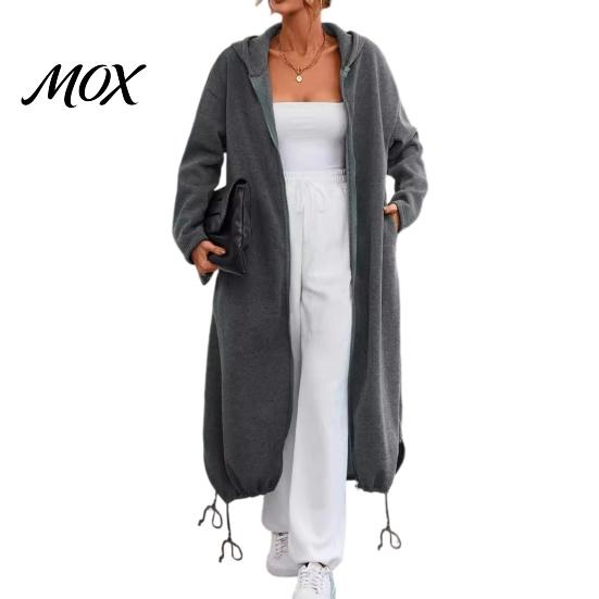 Women Outdoor Coats Long Hooded Jacket for Fall Winter, Loose Oversized Casual Autumn Zip-Up Outerwear Coat, Solid Color Tunic Hoodie Top with Pockets