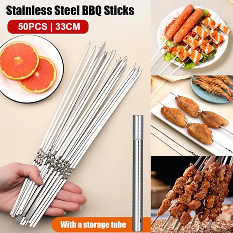 50Pcs Premium Stainless Steel BBQ Skewers Reusable Grill Kebab Sticks for Camping Travel Barbecue Events