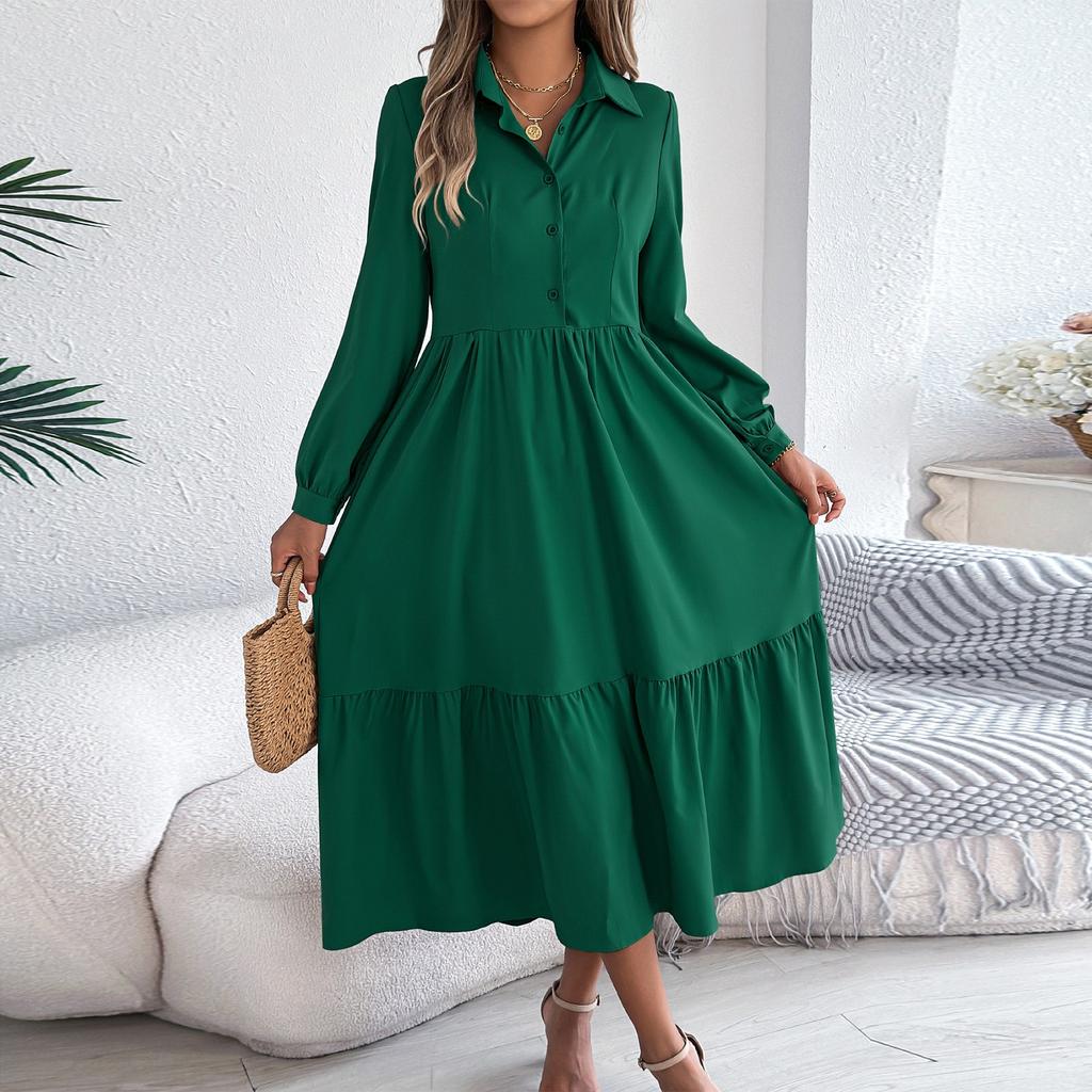 Women's Fashionable Color Lapel Button Casual Loose Long Sleeved Shirt Dress
