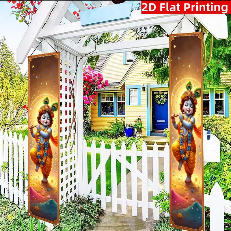 2D Flat, 2pcs Banner/sign (11.8*70.8incgh/30*180cm), Material, for a Childhood Krishna Flute-playing Idol Themed Party Decoration, Banner/sign, Welcom