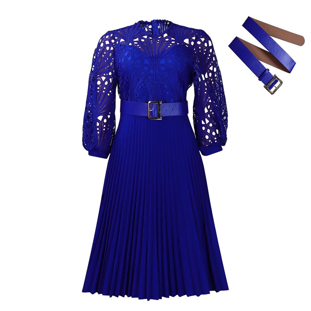 C8595 Women's Solid Color Lace Crochet Pleated Dress