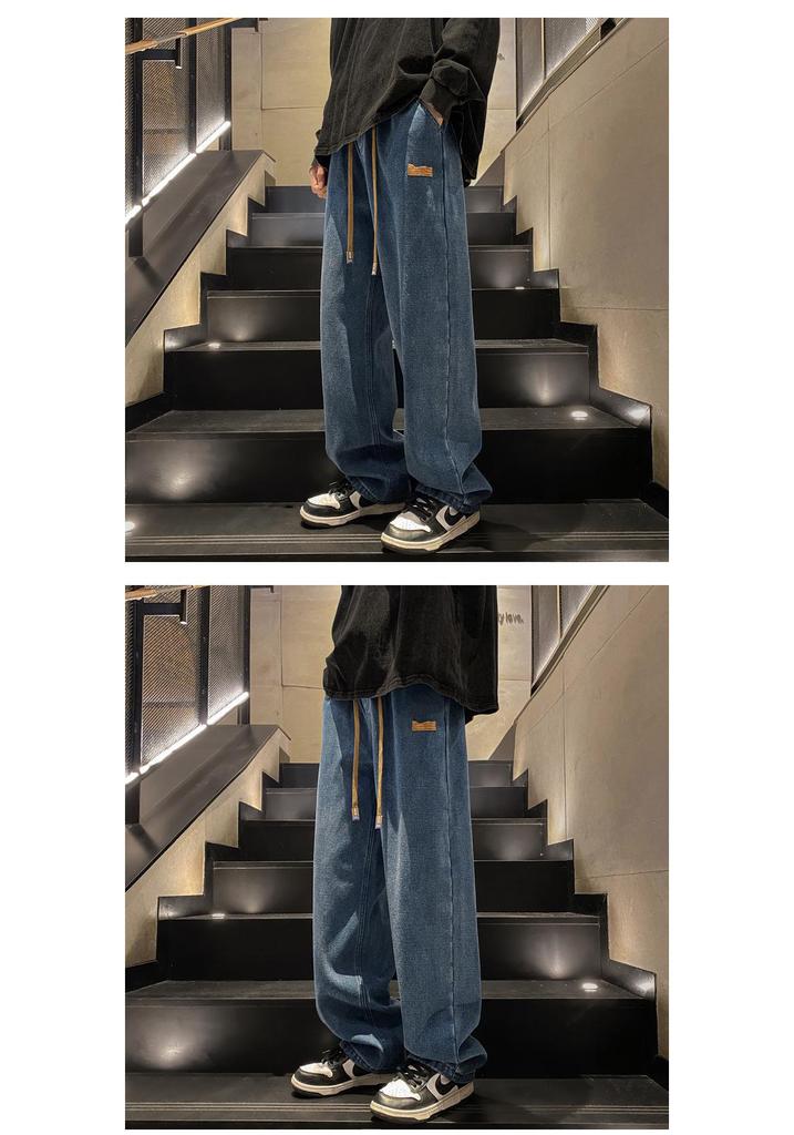 Jeans da uomo alla moda, versatili, con coulisse: Pantaloni Casual High-Street Larghi Dritti a Gamba Larga Primavera e Autunno