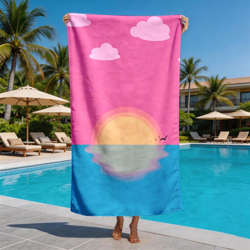 Pink and blue sunset sea scene theme polyester microfiber beach towel highly absorbent, suitable for swimming and beach outings