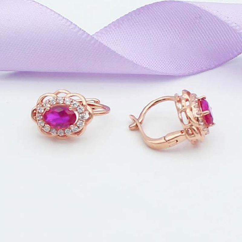Rose Gold Plated Inlaid Flower Red Stone Purple Gold Simple Temperament Fashion Colored Gold Earrings