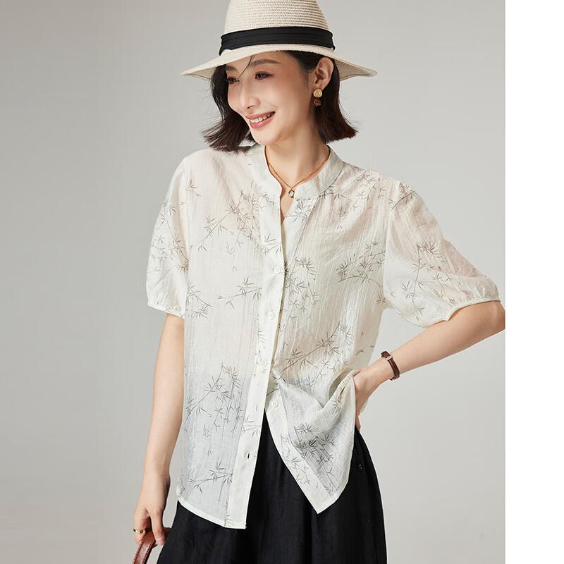 Women s Tencel Blend Short-Sleeve Stand Collar Shirt with National Style Print L