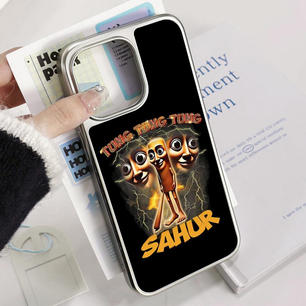 Tung tung sahur funny poster pattern Phone Case for iPhone 16 15 14 13 12 11 Pro Max Sheepskin Silver-edged protective case