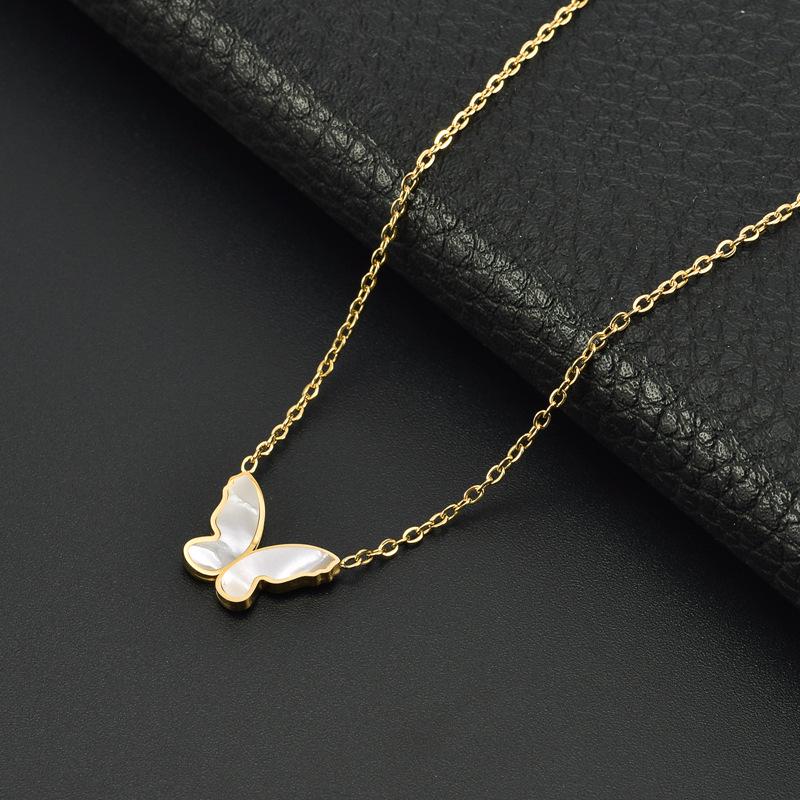Elegant Titanium Steel Butterfly Necklace with Mother-of-Pearl Pendant for Women