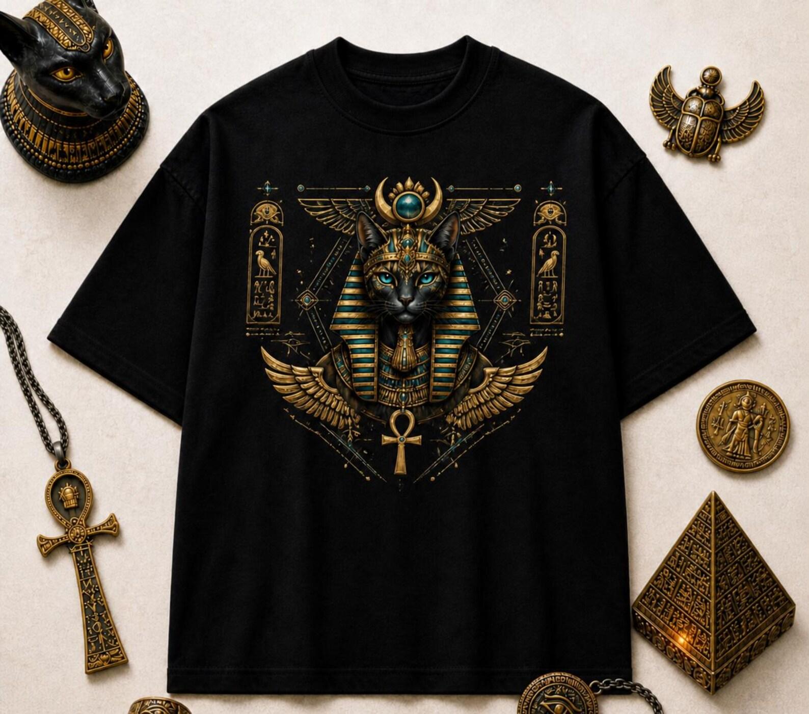 Egyptian Cat Bastet Graphic T-Shirt – Vintage Gold Anubis Style Tee S