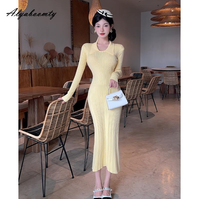Herbst Winter Damen Pullover Midi Kleid Umlegekragen Gelbes Strickkleid Langarm Gestricktes Elegantes Feminines Kleid