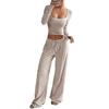 Women's Striped 2 Piece Outfits Long Sleeve Square Neck Cropped Top Drawstring Wide Leg Pants Set Casual Lounge Sweatsuits