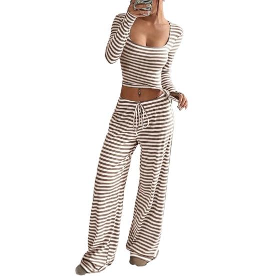 Women's Striped 2 Piece Outfits Long Sleeve Square Neck Cropped Top Drawstring Wide Leg Pants Set Casual Lounge Sweatsuits