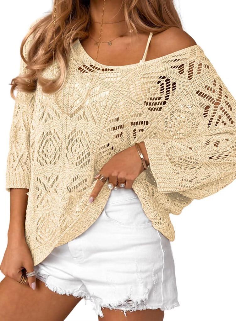Spring/Summer 2025 Crochet Hollow Seven-Sleeve Off-the-Shoulder Pullover Sweater for Women