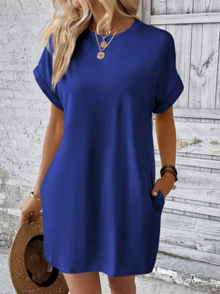 Women's Casual Crew Neck T-Shirt Dress, Loose Fit Short Sleeve Mini Dress with Pockets for Summer Daily Wear