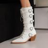 Punk Black White Wedges Boots Women's 2024 Autumn Winter Lace Up Mid Calf Boots Pointed Toe Heart Belt Buckles Shoes