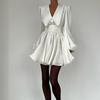 Frauen Langarm Einfarbig Mini-Länge Kleid V-ausschnitt Hohe Taille