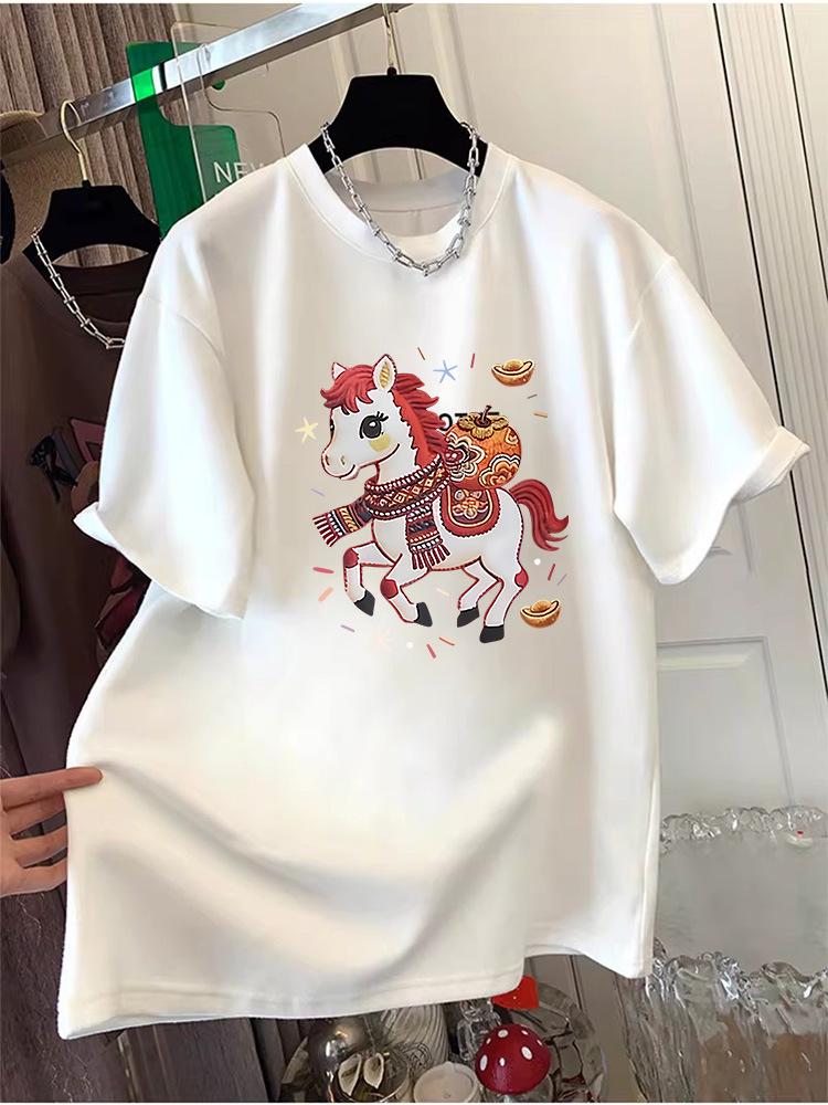 Women's Oversized Short Sleeve Cotton T-shirt, Round Neck, Mid-Length, Hip Covering - 2026 Spring/Summer/Autumn Collection