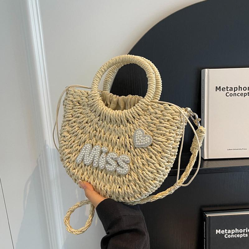 

Yogodlns Women New Straw Handbags Woman Handmade Woven Basket Rattan Handbag For Femme Simple All-Match Handbag 24x9x17cm бежевий