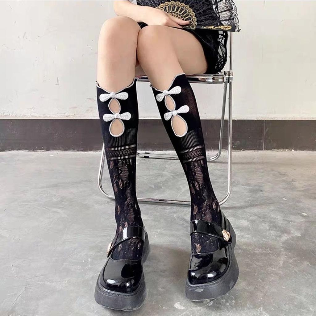 Y2K Sweet-Spicy Girl Socks | Retro Chessboard Button Hollow Lace Calf Knee-High Socks