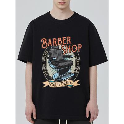 Black T Shirt Barber Shop California Print Graphic Tee Men Casual Streetwear Style Barbershop Theme Design For Daily Wear And Urban Fashion