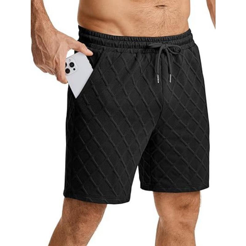 Mens Casual Elastic Waist Drawstring Argyle Texture Shorts