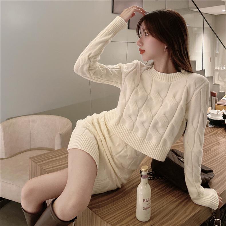 2024 Zopfstrickpullover & Bodycon Minirock Set - Damen Slim Fit, Langarm, Hohe Taille, Lässiger Stil, Verdicktes Zweiteiler.