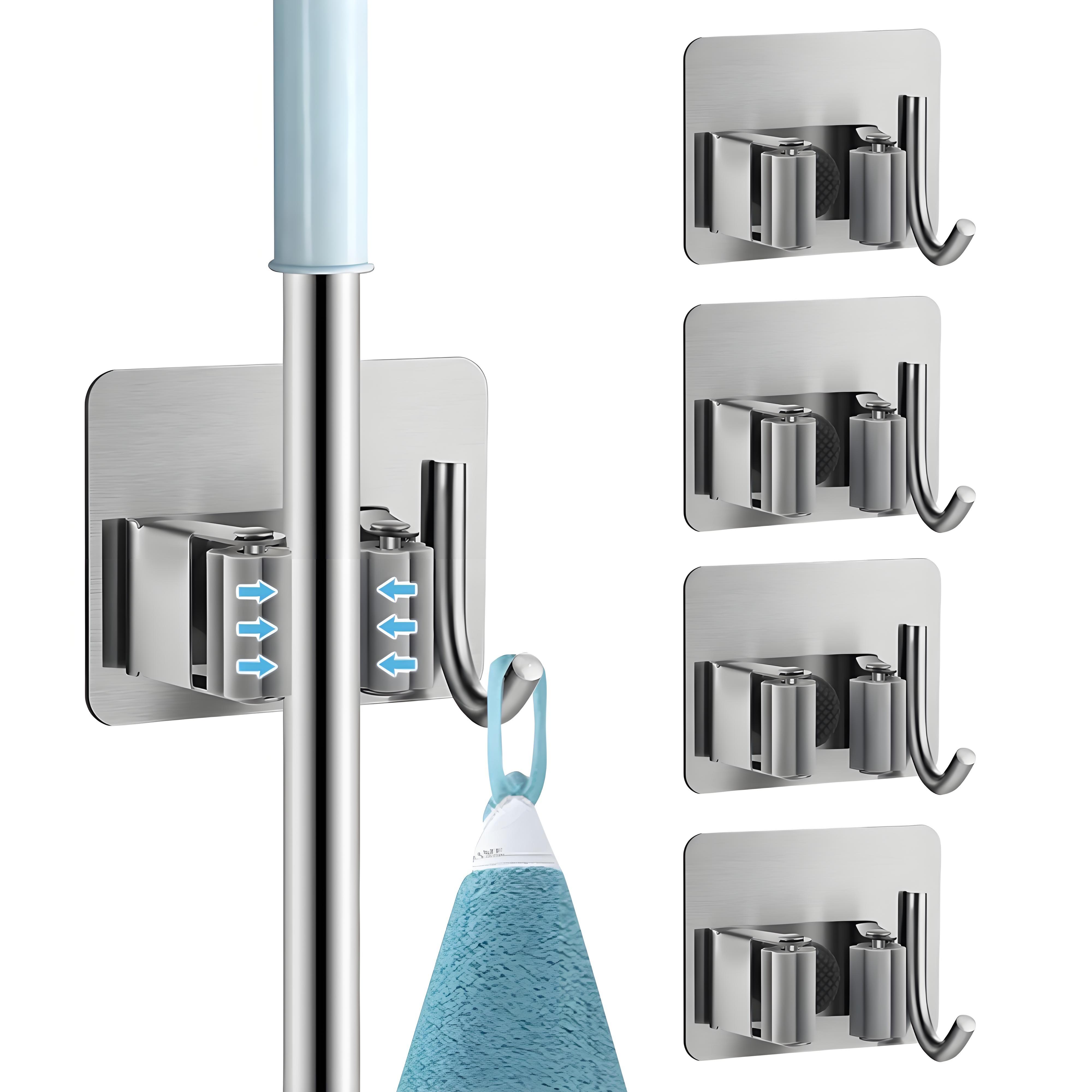 Набор из 4 держателей для швабры из нержавеющей стали Клейкое крепление без сверления для стены Организация гаража прачечной кухни светло-серый 2750₽
