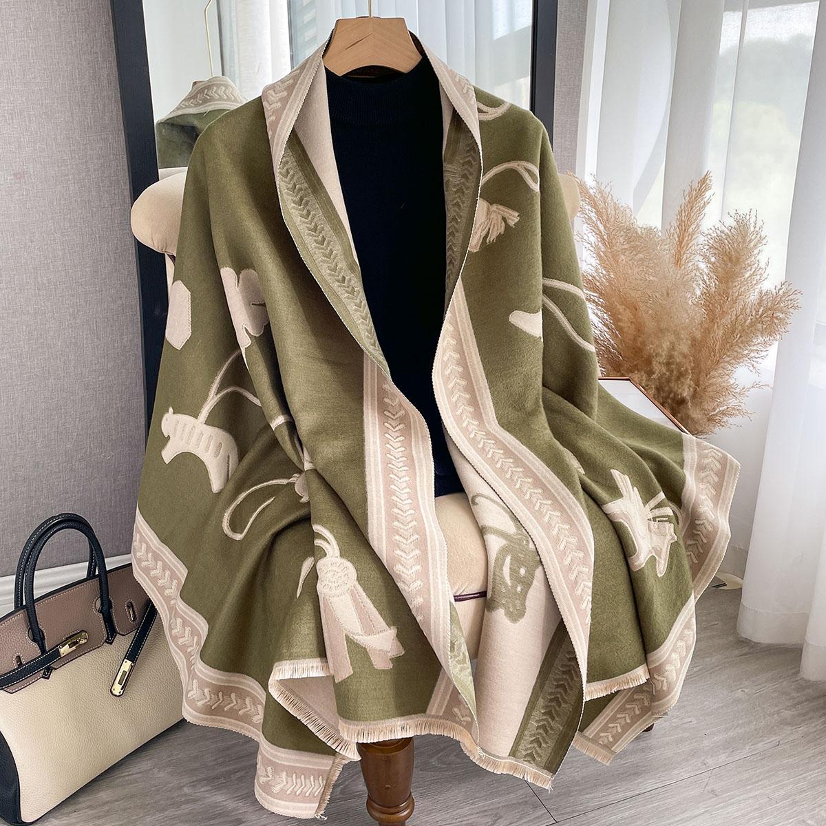 Écharpe en Cachemire d'Hiver pour Femme Étole de Luxe Imprimé Cheval Écharpes Enveloppantes Dame Épaisse Chaude Couverture Cadeau Écharpe Pashmina black