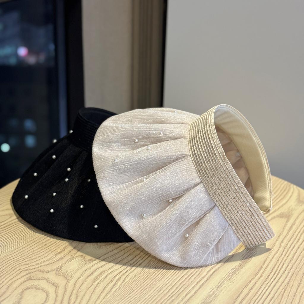 Spring and Summer New Pearl Eaves Empty Top Hat Women's Foldable Sunshade Sunscreen Hat Shows the Face Small Beach Versatile