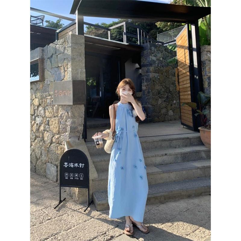 Blue Neck Sleeveless Dress Women's Summer Dopamine Wear High-end Seaside Vacation Beach Dress