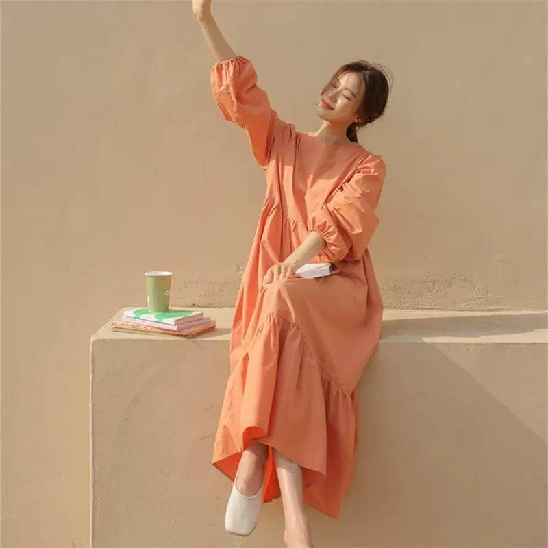 Lantern Sleeve Ruffled Long Sleeve Dress Spring Autumn Loose Fit Tummy-Hiding Slimming Maxi Dress