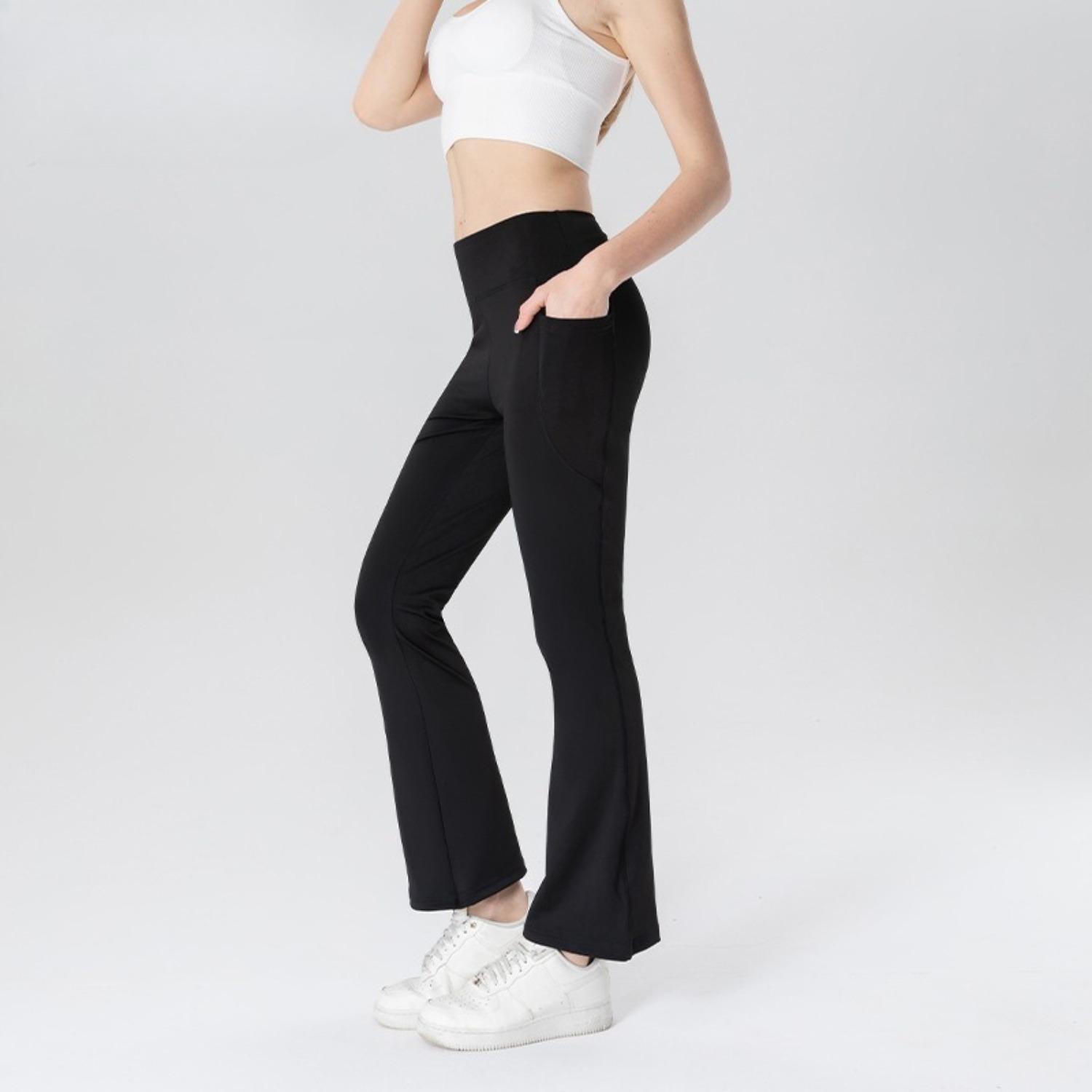 Women s Mid Waist Flared Pants with Pockets Slim Fit Trousers Casual Street Style S