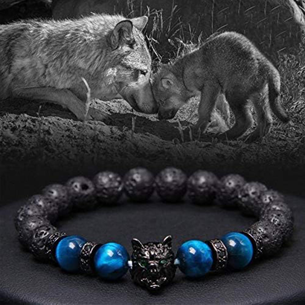 Save A Wolf Bracelet,Wolf Head Lava Rock Bracelet,Healing Crystal Stress Relief Anti Anxiety Energy Stone Beaded Bracelet,Healing Lava Bracelet forMen